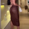فستان شبكي Strappy بدون ظهر باللون البني