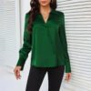 قميص سيدة مزاجية زر الحرير الأخضر