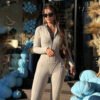 بذلة نسائية طويلة الأكمام بسحاب وياقة دائرية