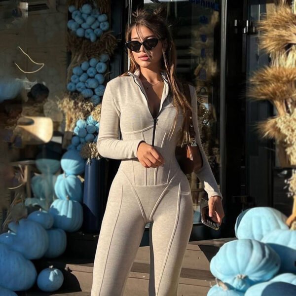 بذلة نسائية طويلة الأكمام بسحاب وياقة دائرية