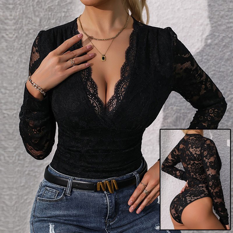بدلة نسائية برباط وأكمام طويلة رومبير مثير بياقة على شكل V عميقة وفتحة علوية للنساء