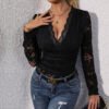 بدلة نسائية برباط وأكمام طويلة رومبير مثير بياقة على شكل V عميقة وفتحة علوية للنساء