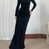 فستان ضيق بأكمام طويلة وفتحة غير متماثلة من Ins Fashion فساتين طويلة بلون واحد للنساء
