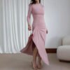 فستان ضيق بأكمام طويلة وفتحة غير متماثلة من Ins Fashion فساتين طويلة بلون واحد للنساء