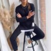بدلة رياضية نسائية، سويت شيرت بتصميم فتحة على الموضة، وبنطلون رياضي ضيق، طقم ملابس كاجوال مكون من قطعتين