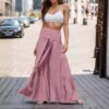 سروال نسائي واسع الساق مطوي بخصر مطاطي وربطة عنق