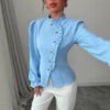 بلوزة نسائية أنيقة فرنسية غير متماثلة ذات ياقة وأزرار وأكمام طويلة مكشكشة