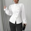 بلوزة نسائية أنيقة فرنسية غير متماثلة ذات ياقة وأزرار وأكمام طويلة مكشكشة