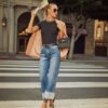 بنطلون جينز مستقيم مرن بتصميم ريترو كيرلنج للنساء