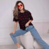 تي شيرت نسائي على الطراز الأوروبي والأمريكي بخياطة شبكية فضفاضة بنمط أساسي ورقبة دائرية وأكمام قصيرة