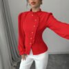 بلوزة نسائية أنيقة فرنسية غير متماثلة ذات ياقة وأزرار وأكمام طويلة مكشكشة