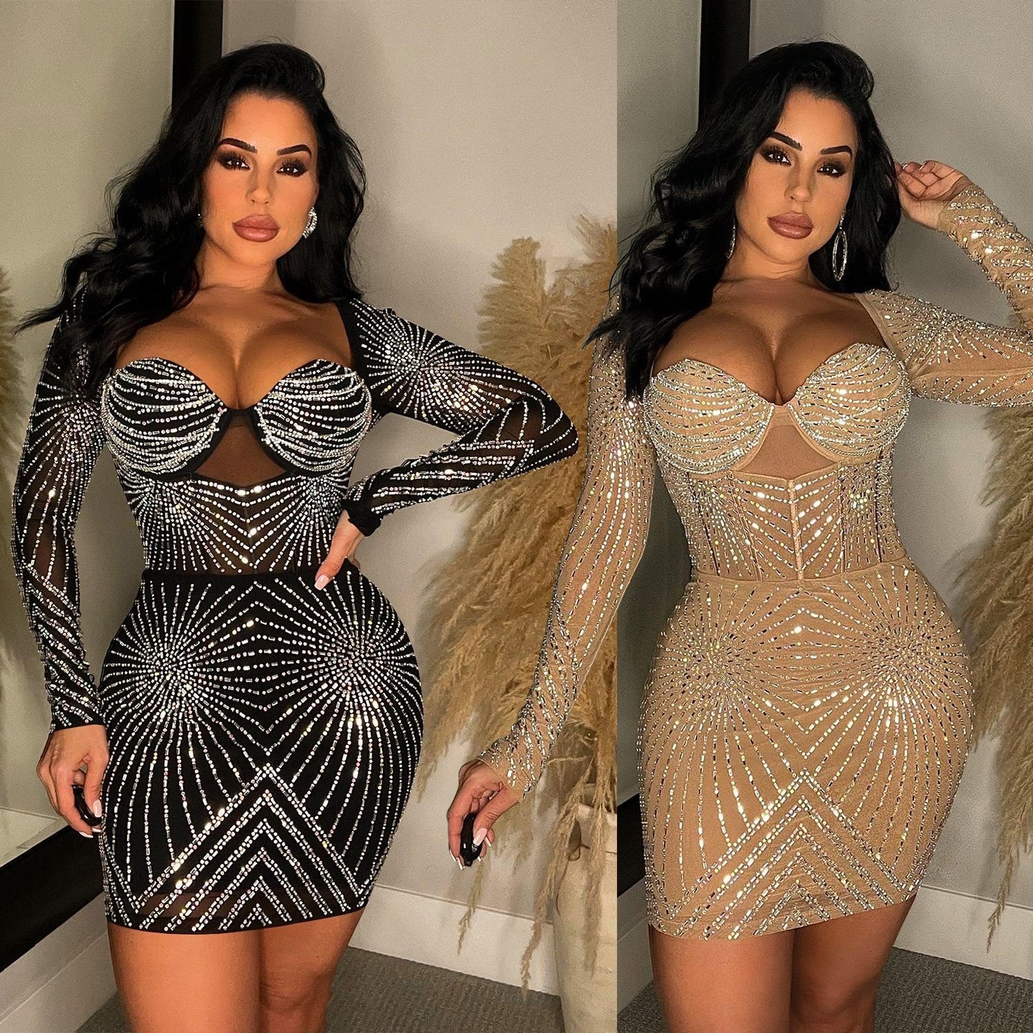 فستان نسائي قصير بأكمام طويلة من شبك بلون نقي مرصع بأحجار الراين