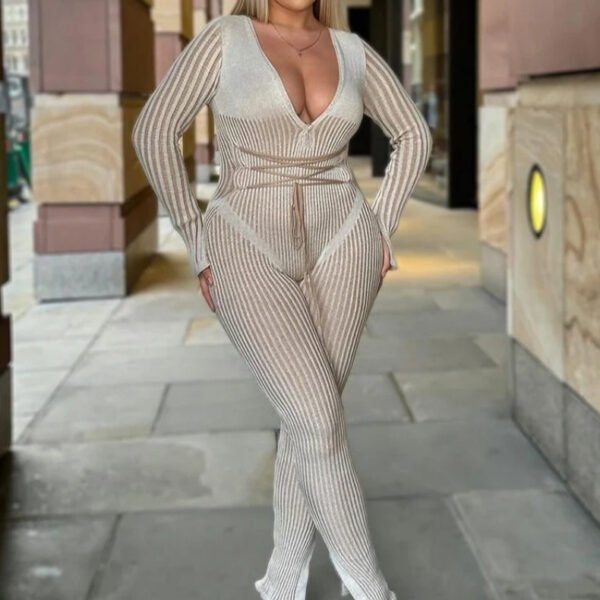 جمبسوت نسائي جديد مثير بفتحة رقبة على شكل حرف V عميقة ومخطط بأكمام طويلة