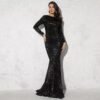 فستان سهرة بأكمام طويلة ومقاس كبير ومطرز بالترتر