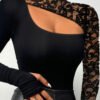 تي شيرت نسائي بأكمام طويلة مزين بخياطة من الدانتيل
