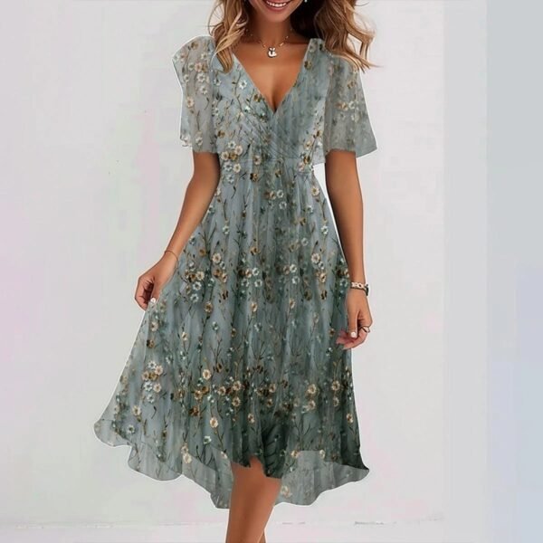 219f14f1-ea18-47fa-ad0d-fab6caac95c8.jpg فستان شيفون مطبوع بأكمام قصيرة، فساتين صيفية أنيقة بفتحة رقبة على شكل حرف V، ملابس نسائية