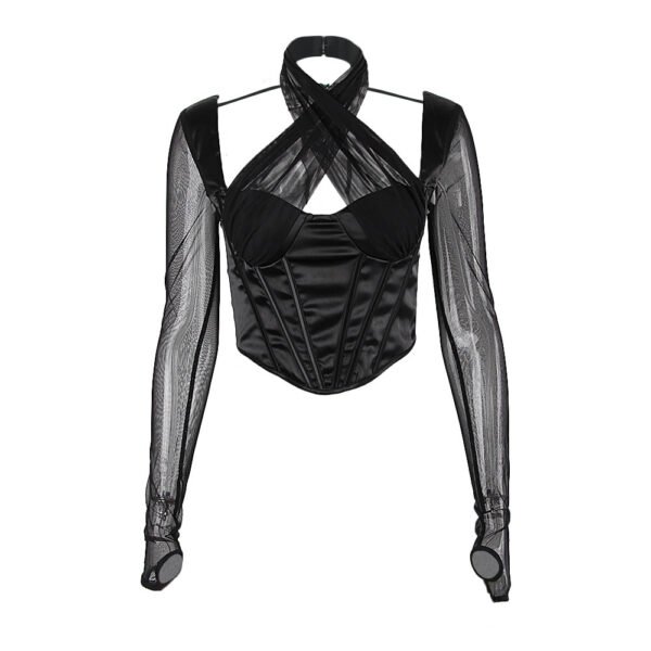 بلوزة نسائية متوسطة الطول بياقة متقاطعة وقصة ضيقة