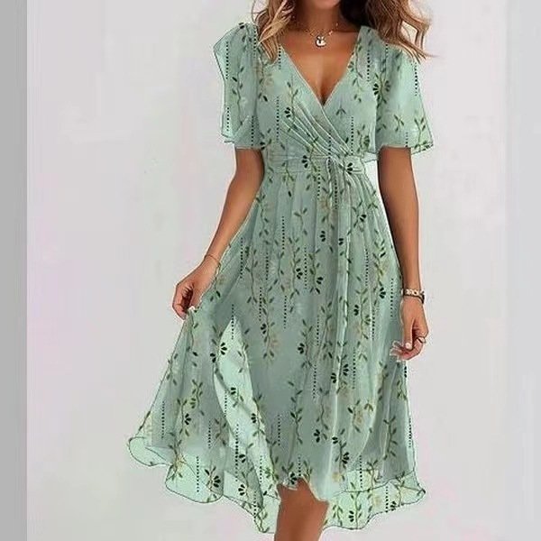 6a218a66-18f2-4a78-8188-27d6b85f17b5.jpg فستان شيفون مطبوع بأكمام قصيرة، فساتين صيفية أنيقة بفتحة رقبة على شكل حرف V، ملابس نسائية