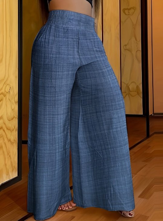 بنطلون Palazzo سادة وبسيط، بنطلون واسع الساق، بخصر مطاطي