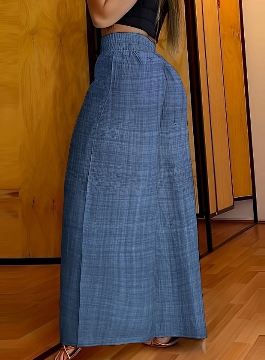 بنطلون Palazzo سادة وبسيط، بنطلون واسع الساق، بخصر مطاطي