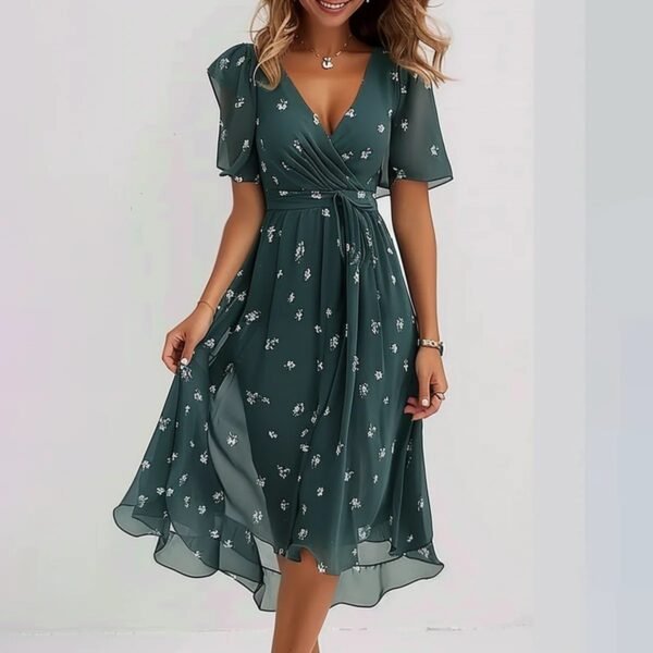 9d340c8f-7872-47ce-a097-307a35406b82.jpg فستان شيفون مطبوع بأكمام قصيرة، فساتين صيفية أنيقة بفتحة رقبة على شكل حرف V، ملابس نسائية