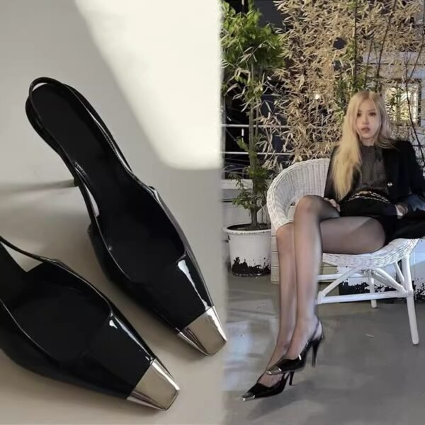 حذاء نسائي بكعب رفيع ومقدمة مربعة معدنية صندل أسود