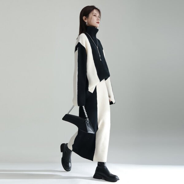 بدلة تنورة من الصوف المرقعة المتباينة الألوان باللونين الأبيض والأسود