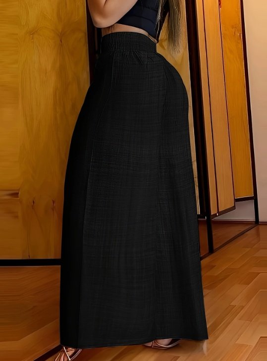 بنطلون Palazzo سادة وبسيط، بنطلون واسع الساق، بخصر مطاطي