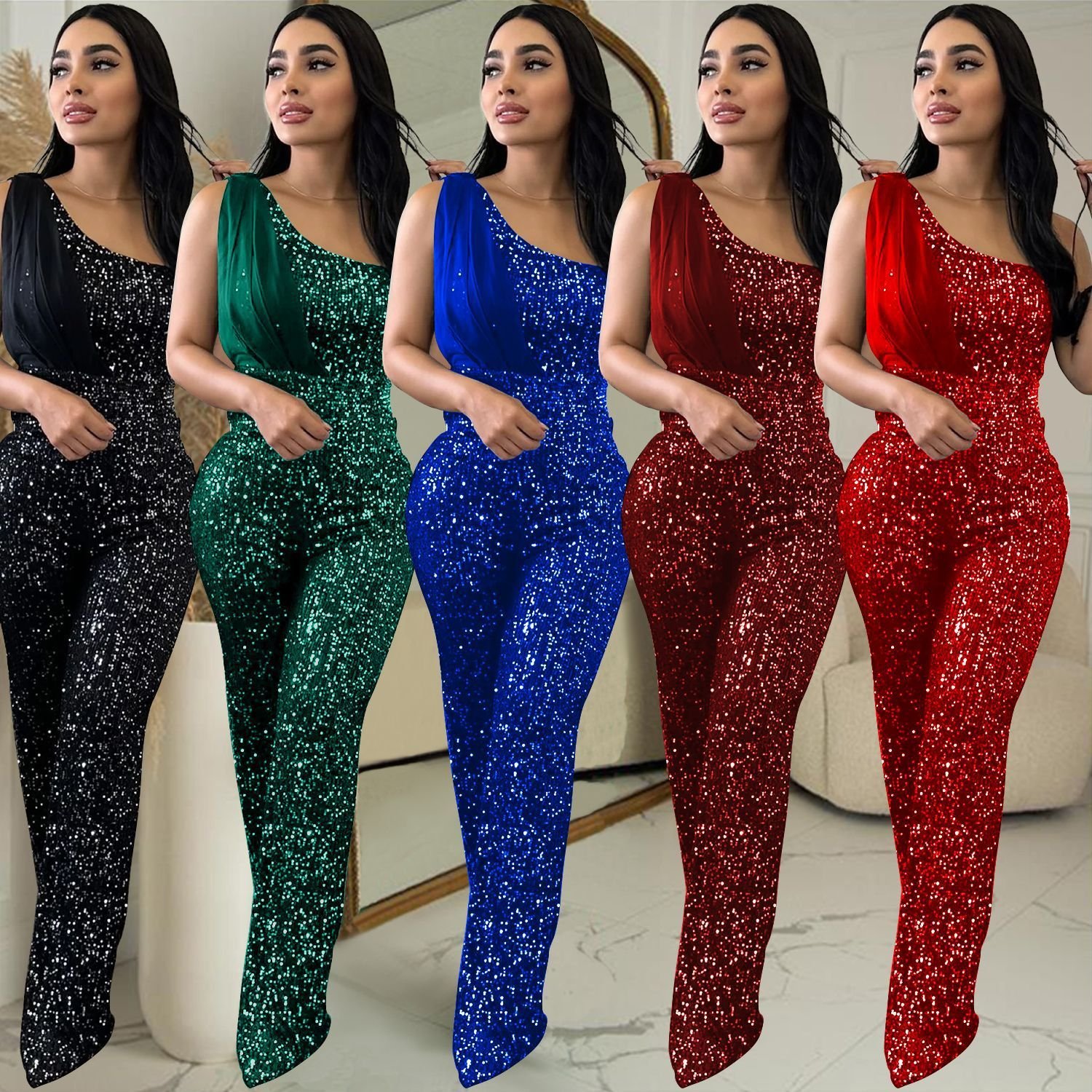 جمبسوت نسائي بلون سادة بدون أكمام بكتف واحد مزين بالترتر