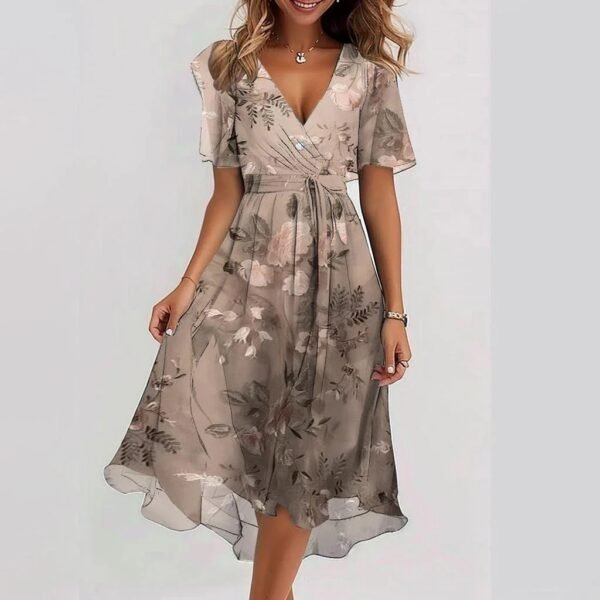 b40264c1-b66c-44f5-9e99-13c19a625cdb.jpg فستان شيفون مطبوع بأكمام قصيرة، فساتين صيفية أنيقة بفتحة رقبة على شكل حرف V، ملابس نسائية