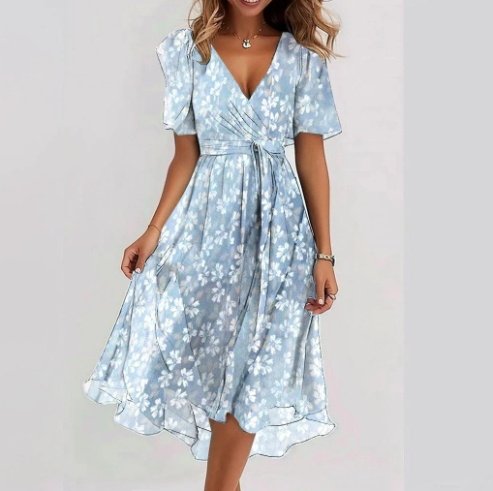 b8974a35-31a0-4269-864d-fb796569c695.jpg فستان شيفون مطبوع بأكمام قصيرة، فساتين صيفية أنيقة بفتحة رقبة على شكل حرف V، ملابس نسائية