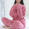 أطقم بيجامات شتوية ملابس منزلية بلون سادة فضفاضة وسميكة من المخمل المرجاني بلوفر بأكمام طويلة وبنطلون بيجامات دافئة ملابس غير رسمية للاستخدام الداخلي والخارجي