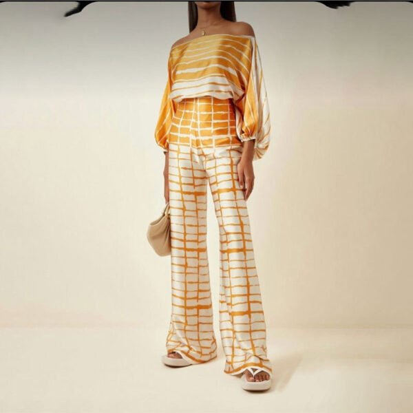 بدلة صيفية نسائية مطبوعة برقبة دائرية فضفاضة وأكمام واسعة وخصر وبنطلون واسع الساق عصري غير رسمي