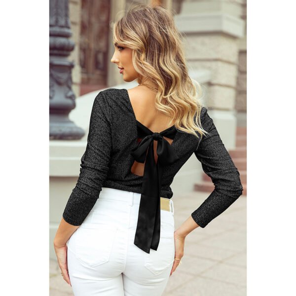 قميص بلون سادة بدون ظهر مع فيونكة وأكمام طويلة