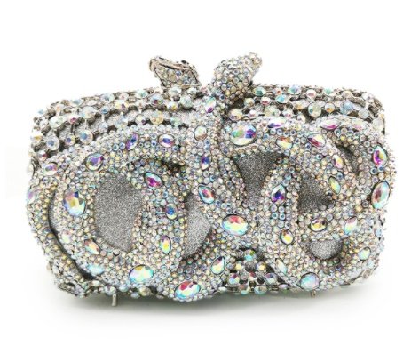 حقيبة عشاء مرصعة بالألماس من جلد الثعبان مزودة بمشبك مغناطيسي وسلسلة