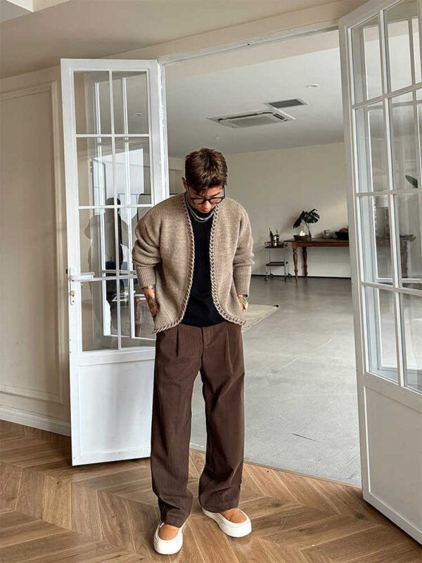 بنطلون رجالي كاجوال فضفاض مستقيم بلون سادة، بنطلون بدلة أرضي