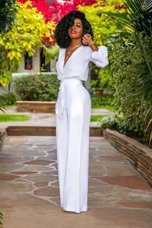 بدلة نسائية قطعة واحدة برباط وأكمام طويلة ورقبة على شكل حرف V