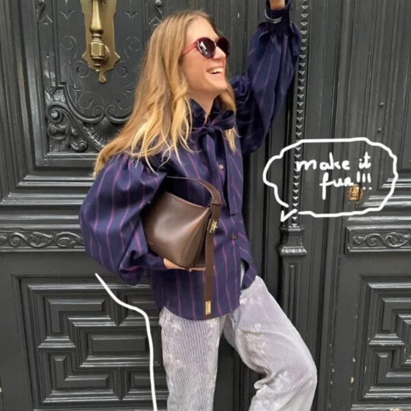 قميص نسائي مريح مخطط بألوان متباينة