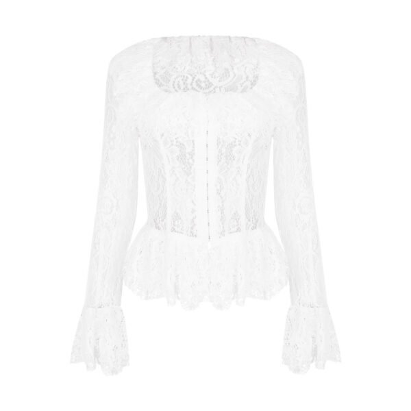 بلوزة نسائية بيضاء من الدانتيل بأكمام طويلة ورقبة مربعة