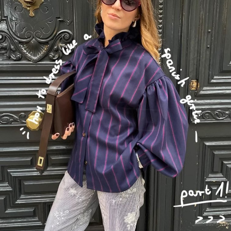 قميص نسائي مريح مخطط بألوان متباينة