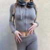 طقم بدلة هودي نسائية مثيرة بسحاب وأكمام طويلة وبنطلون طويل بخصر مرتفع