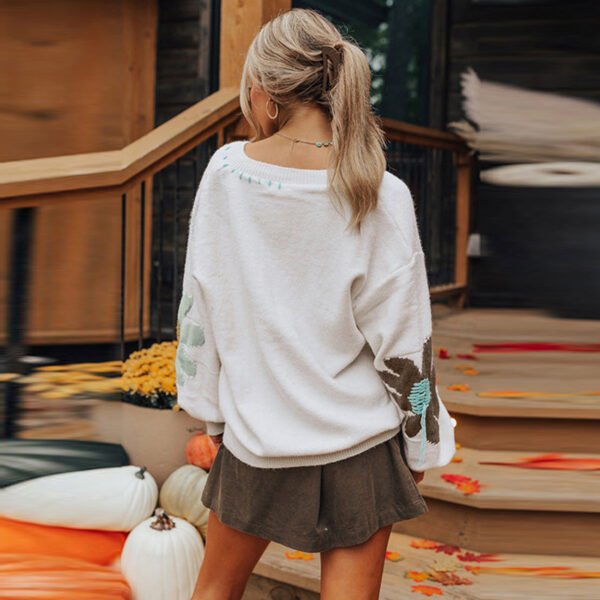 بلوزة نسائية محبوكة بفتحة رقبة على شكل حرف V، سترة أوروبية وأمريكية مريحة مزينة بالزهور