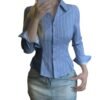 a10abb10-6903-40ab-b182-affcd2833f86.jpg قميص نسائي مخطط بياقة دائرية، بتصميم أوروبي وأمريكية، بقصة ضيقة