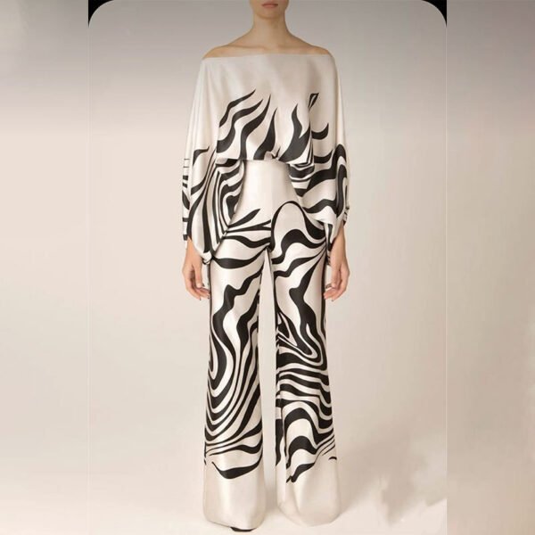 بدلة صيفية نسائية مطبوعة برقبة دائرية فضفاضة وأكمام واسعة وخصر وبنطلون واسع الساق عصري غير رسمي