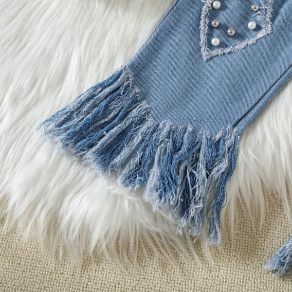 طقم جينز للبنات من أعلى مزين بخياطة شبكية وحواف من الفرو