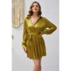 c84b230a-661b-4783-83d3-150e4850e071.jpg فستان Design Sense ذو طيات وأكمام طويلة وأربطة بلون سادة ورقبة على شكل حرف V