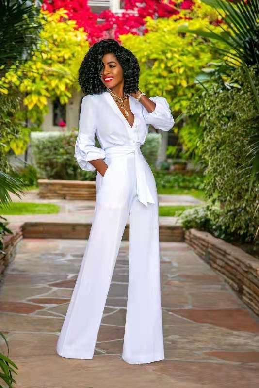 بدلة نسائية قطعة واحدة برباط وأكمام طويلة ورقبة على شكل حرف V