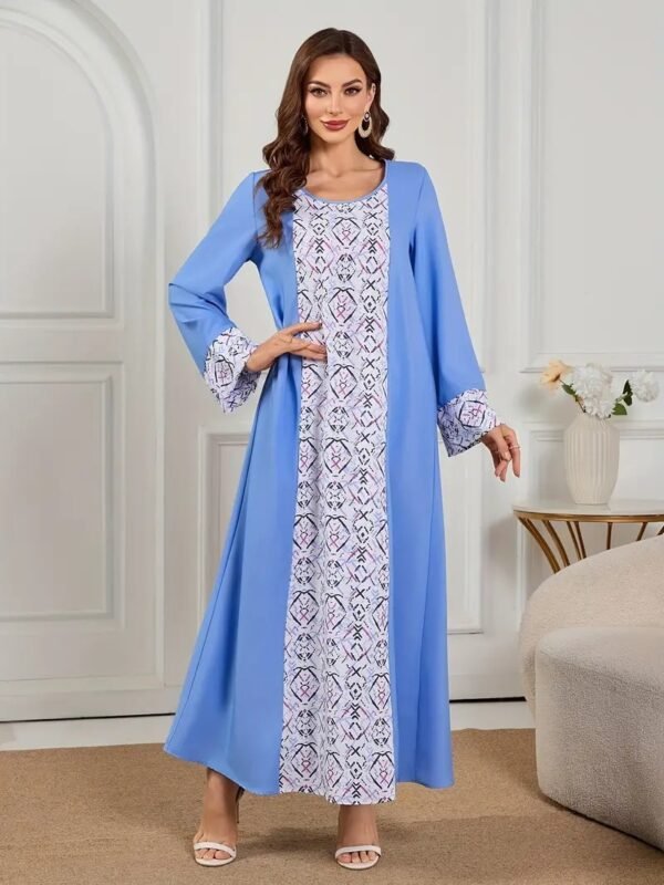 فستان نسائي مطبوع برقبة دائرية قابل للغسل في الغسالة