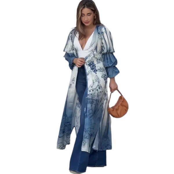 قميص طويل مطبوع باللون الأزرق كاجوال