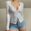 بلوزة كارديجان نسائية أنيقة مزينة بالزهور من Sweet Girl، تي شيرت خريفي محبوك ضيق للنساء